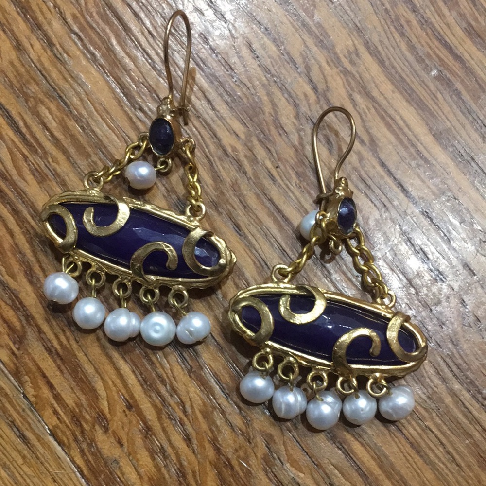 Elegant Gold and Purple Dangle Earrings with Pearls